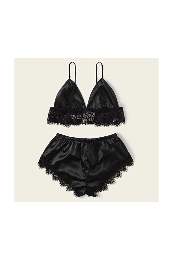liaddkv Sous-vêtement sexy en dentelle pour dormir, en soie, satin, poitrine ouverte, lingerie, Noir , L