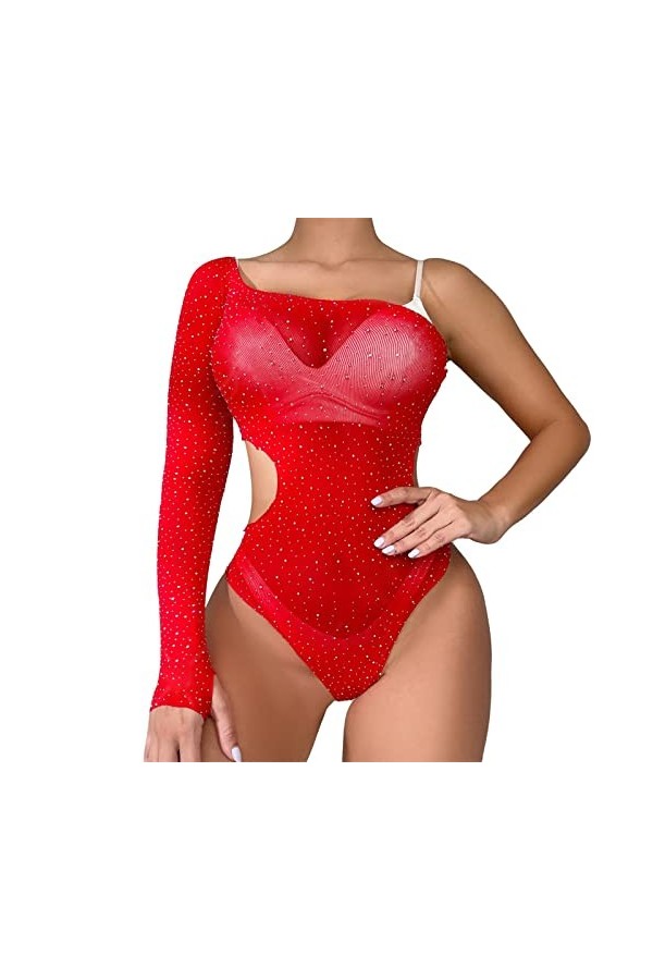 Sous-vêtements érotiques pour femmes Sexy Single Sleeve Hot Drill Shiny Large Size Mesh Clothes Costume Cosplay Sexy Red, On