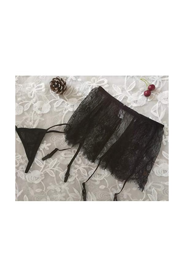 liaddkv Porte-jarretelles taille haute pour femme avec bretelles + string en cuir, Noir , S