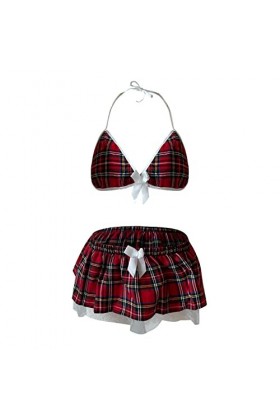 YANFJHV Lingerie sexy décolière pour femme, jeu de rôle, costumes, tenues, ensemble de lingerie à carreaux cardigan rouge, 