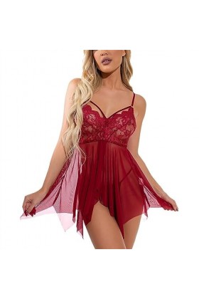 Lingerie pour Femmes Vêtements De Nuit Sexy Dentelle Nuisette Maille Chemise Chemise De Nuit Col en V Profond Sangle Chemise 