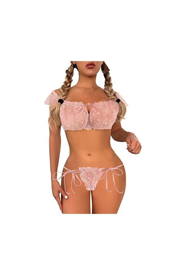 Dentelle Bas de Lingerie Bodystocking Mignon Jeunes Dames Haut en Dentelle Transparente et String Filles sous-vêtements Voir 