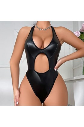 GilRu Lingerie Femme 1 PC Teddy Body Lingerie Sexy Encolure Décontractée Épaules Nues Lié PU Lacets Jarretelles Teddy Body Co