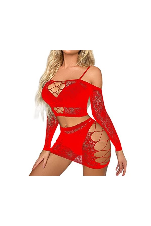 Femmes Sexy Lingerie vêtements de Nuit vêtements de Nuit résille Sheer Ensemble de Lingerie Lingerie Sexy Bustier Red, One S
