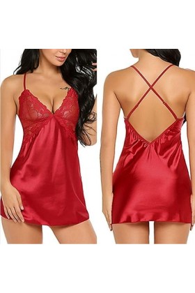 WEITING Femmes Sexy Dentelle Satin Chemise De Nuit Femmes Lingerie Pyjama Ensemble Costume Sexy-Rouge-Taille Unique