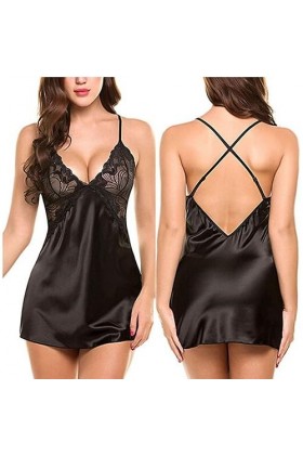 WEITING Femmes Sexy Dentelle Satin Chemise De Nuit Femmes Lingerie Pyjama Ensemble Sexy Costume Pyjamas-Noir-Taille Unique