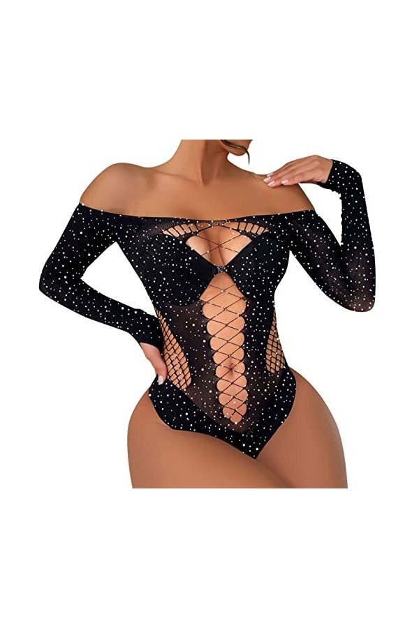 Générique Lingerie Sexy pour Femme Dames Sexy Brillant Lingerie à Manches Longues Maille Transparent Creux Sexy Lingerie Culo