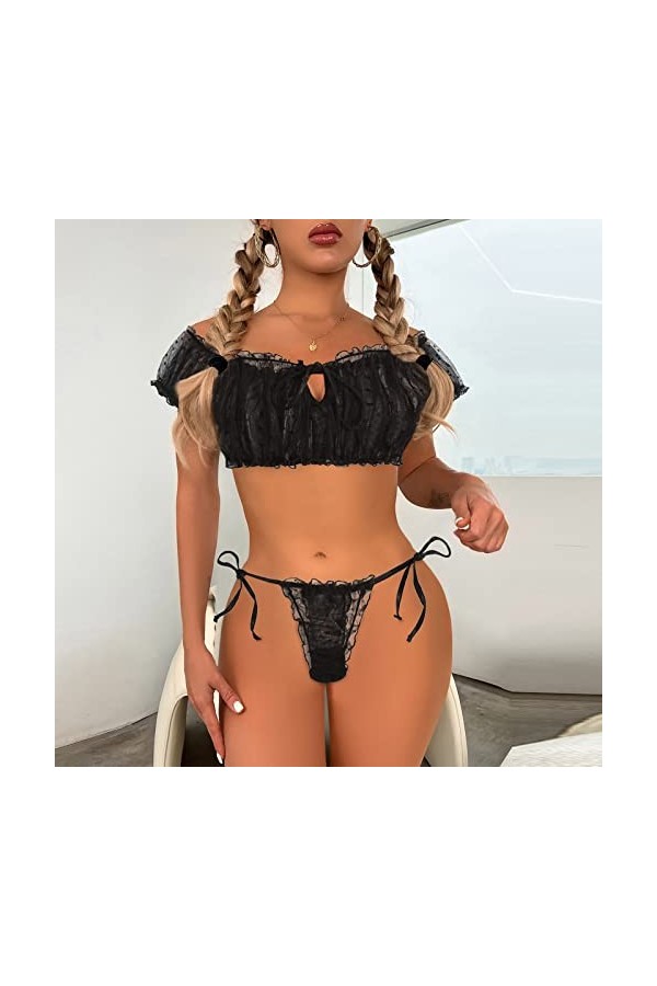iYmitz Mignon Jeunes Dames Haut en Dentelle Transparente et String Filles sous-vêtements Voir à Travers Deux pièces Ensemble 