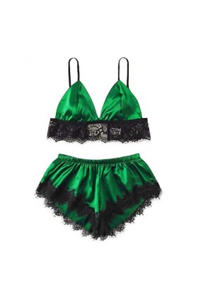 liaddkv Sous-vêtement sexy en dentelle pour dormir, en soie, satin, poitrine ouverte, lingerie, vert, M