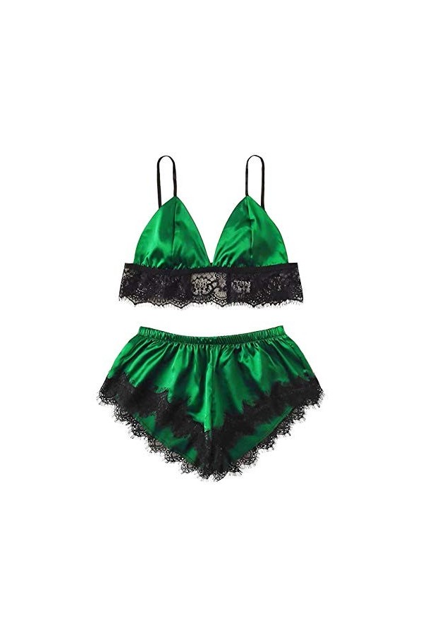 liaddkv Sous-vêtement sexy en dentelle pour dormir, en soie, satin, poitrine ouverte, lingerie, vert, M