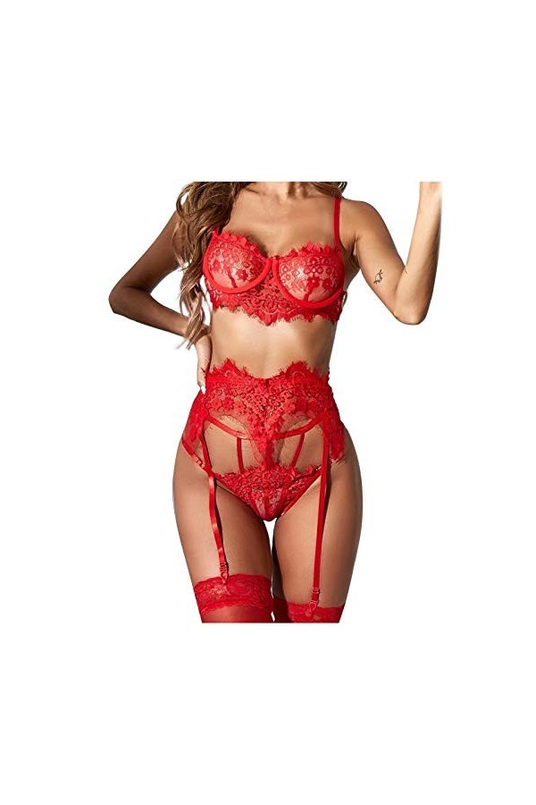 CreoQIJI Ensemble de lingerie sexy en dentelle avec bretelles, rouge, L
