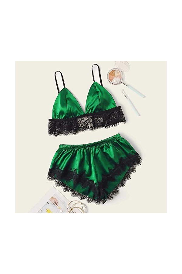 liaddkv Sous-vêtement sexy en dentelle pour dormir, en soie, satin, poitrine ouverte, lingerie, vert, XXL