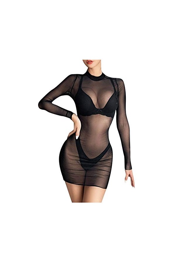 Fhuuly Sexy Femme Coquine Mini-Robe Transparente à Manches Longues en Maille Transparente pour Femmes
