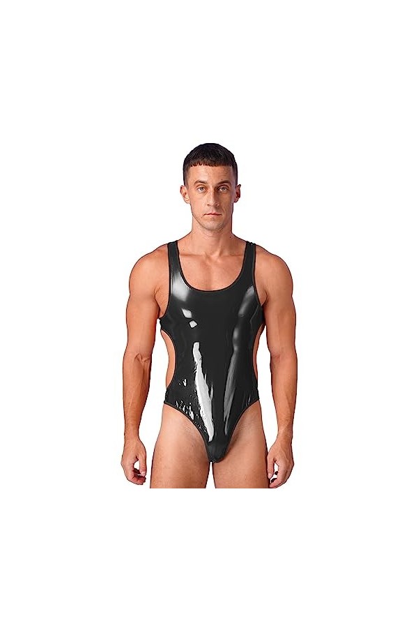 ranrann Body Homme Sexy String Ouvert Bodysuit Cuir Verni High Cut Combinaison Zipper Justaucorps Wetlook Lingerie Erotique J