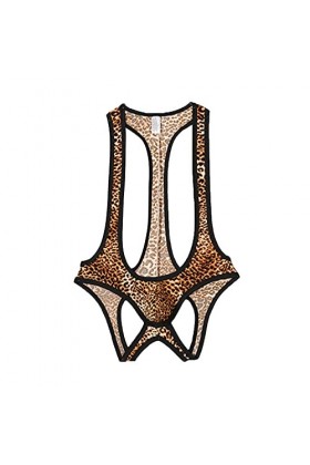 Générique Lingerie Sexy Body Léopard Homme Voir à Travers Le Body singulet de Lutte Sexy Pouch Thong Briefs Justaucorps sous-