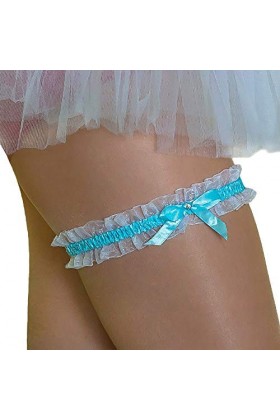 Oblique-Unique® Jarretière blanche avec nœud et strass ronds pour mariage.