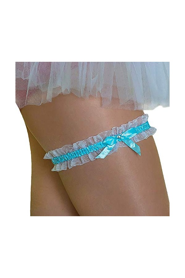 Oblique-Unique® Jarretière blanche avec nœud et strass ronds pour mariage.