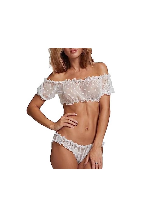 Femmes Soutien-Gorge et Culotte Ensemble Volants sous-vêtements à Lacets Volants Garniture Mesh Doll Set Transparent sans épa