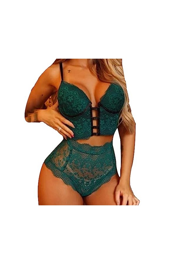 Ensemble Soutien-Gorge et Culotte Femme sous-vêtements Body Taille Haute avec Sangle poupées Floral Dentelle Lingerie Comfort