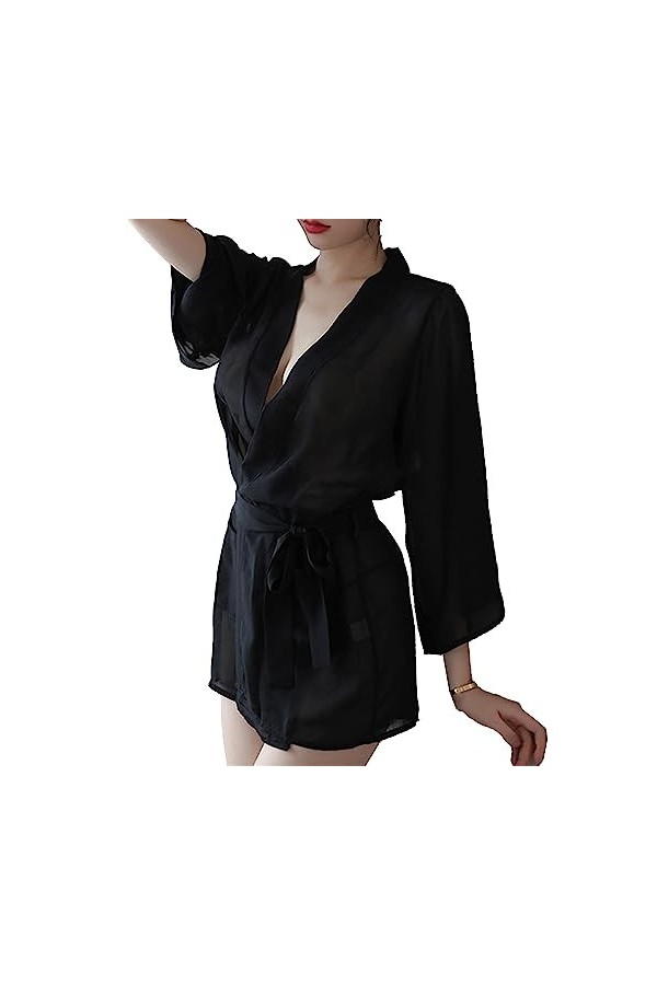 ZDJSWJ Pyjama col V en Soie pour Femme Dentelle Collants Lingerie Lingerie Kimono Robe sous-vêtements Maille Pyjama Noir,Tai