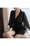 ZDJSWJ Pyjama col V en Soie pour Femme Dentelle Collants Lingerie Lingerie Kimono Robe sous-vêtements Maille Pyjama Noir,Tai