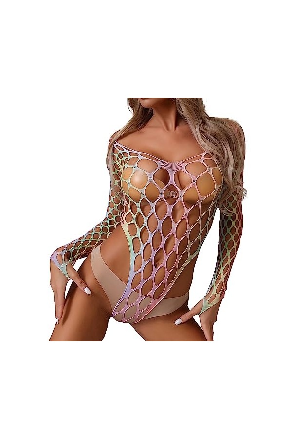 ZDJSWJ Sou -vêtements Fishing Net pour Femmes Combinaison en Maille Teddy Pyjama sous-vêtements de Nuit à Une pièce évidée C