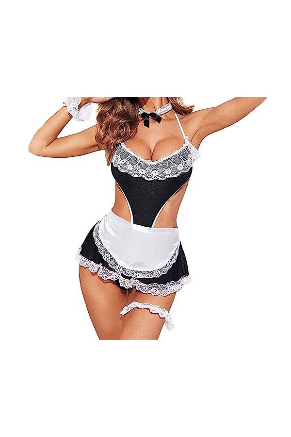 ZDJSWJ Femmes servante Uniforme sous-vêtements Dentelle Tout-en-Un Maid Cosplay Lingerie Ensemble Transparent Lacet Mesh Doll