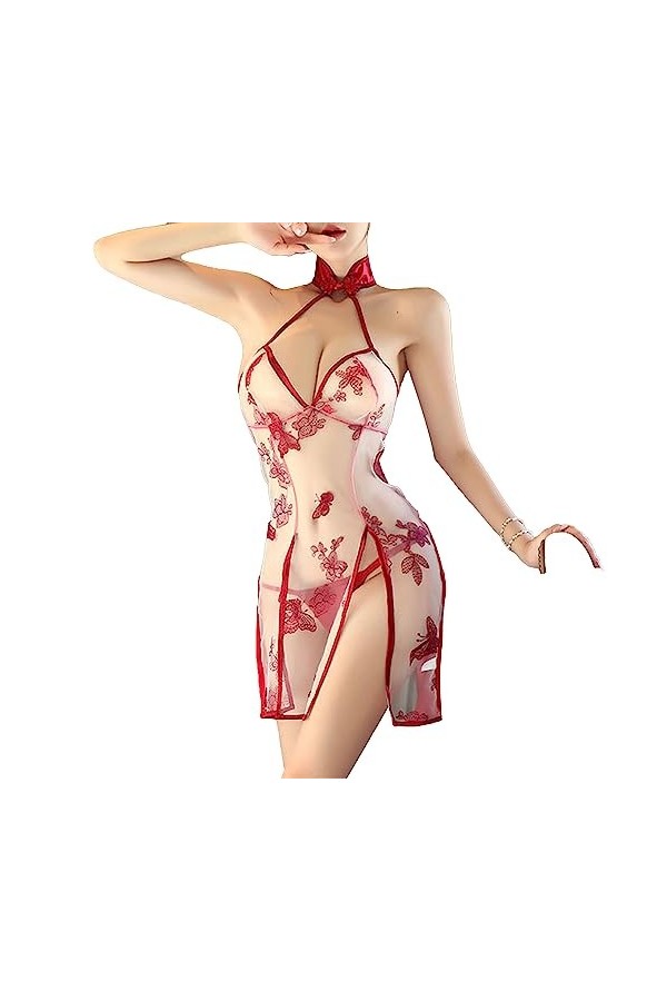 ZDJSWJ Femmes Fleurs Halter Robe sous-vêtements V-Neck sans Manches Robe de poupée Pyjama Lacets Pyjama côté Robe à Fourche 