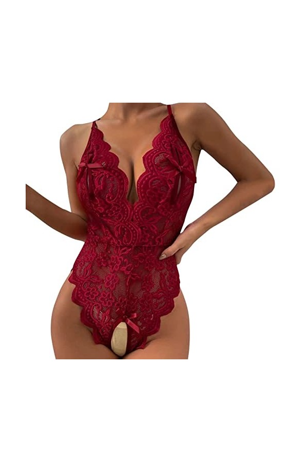 Hasagimol Lingerie Sexy Femme Coquine Hot Grande Taille One-Piece Deep V Dos Nu Réglable Teddy Sous-VêTement Dentelle Babydol