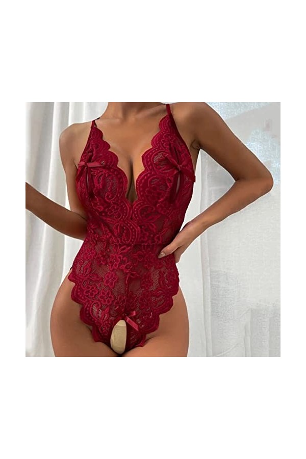 Hasagimol Lingerie Sexy Femme Coquine Hot Grande Taille One-Piece Deep V Dos Nu Réglable Teddy Sous-VêTement Dentelle Babydol
