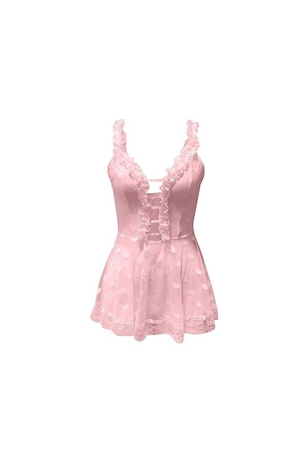 CHUNNUAN Sexy Femmes Lingerie Dentelle Pyjamas Pyjamas Pyjamas Col V Profond Poupée Fille À Volants Mini Robe Chemise De Nuit