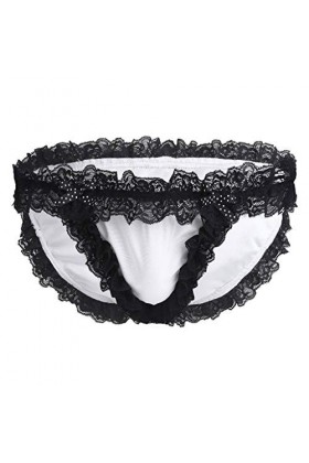BIISDOST Hommes Briefs Briefs sous-vêtements Satin Dentelle Bow Thong Culotte Culotte Slip Lingerie Homme Sexy Coquin White,