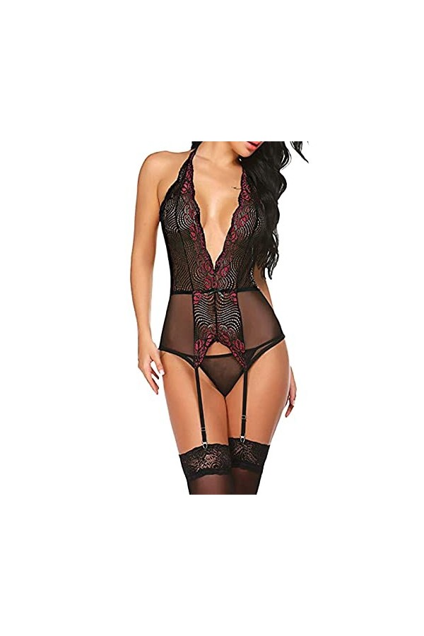 Lingerie Sexy Femme Coquine Hot Sissy Érotique Body Nuisette Ouverte Dentelle Lingerie Erotisme Fonds De Robe Col en V Profon