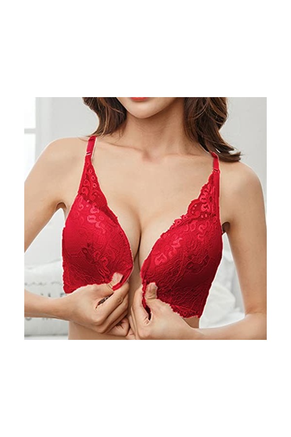 Dinnesis Ensemble de soutien-gorge en dentelle blanche pour femme sans anneau en acier, rouge, 42