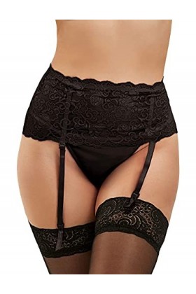comeondear Porte-Jarretelle Sexy Femme Dentelle avec 4 Pinces Réglable Vintage Ensemble Porte Jarretelles avec G-string Grand