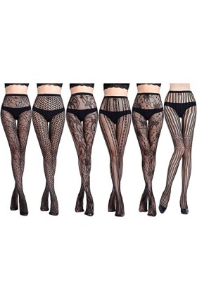 Comius Sharp 6 Pack Noir Collants Bas Résille, Sexy Extensible Dentelle Bas Résille motifs Fleurs