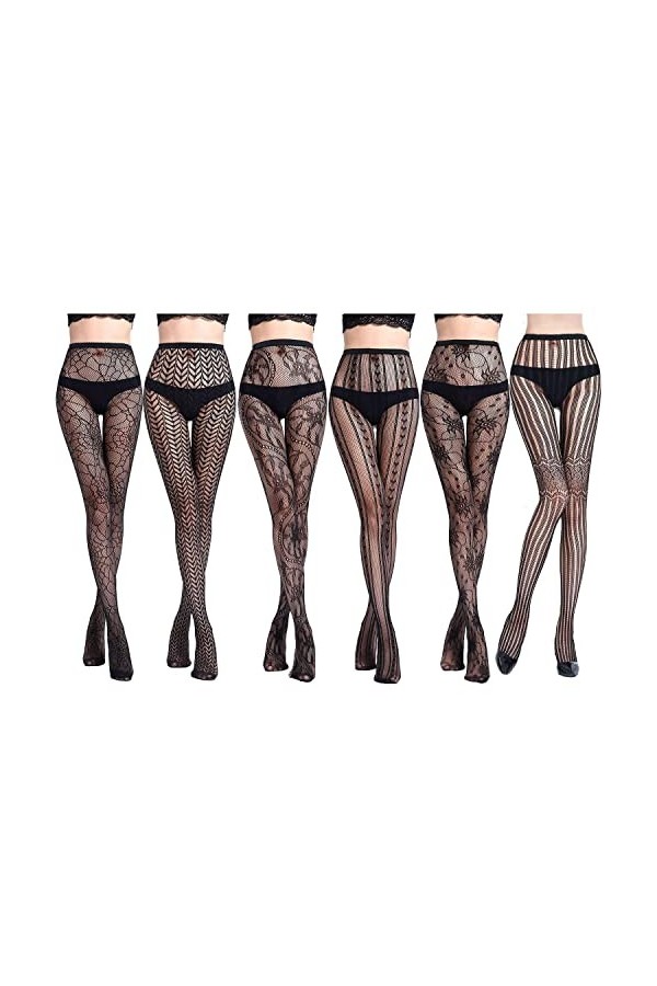 Comius Sharp 6 Pack Noir Collants Bas Résille, Sexy Extensible Dentelle Bas Résille motifs Fleurs