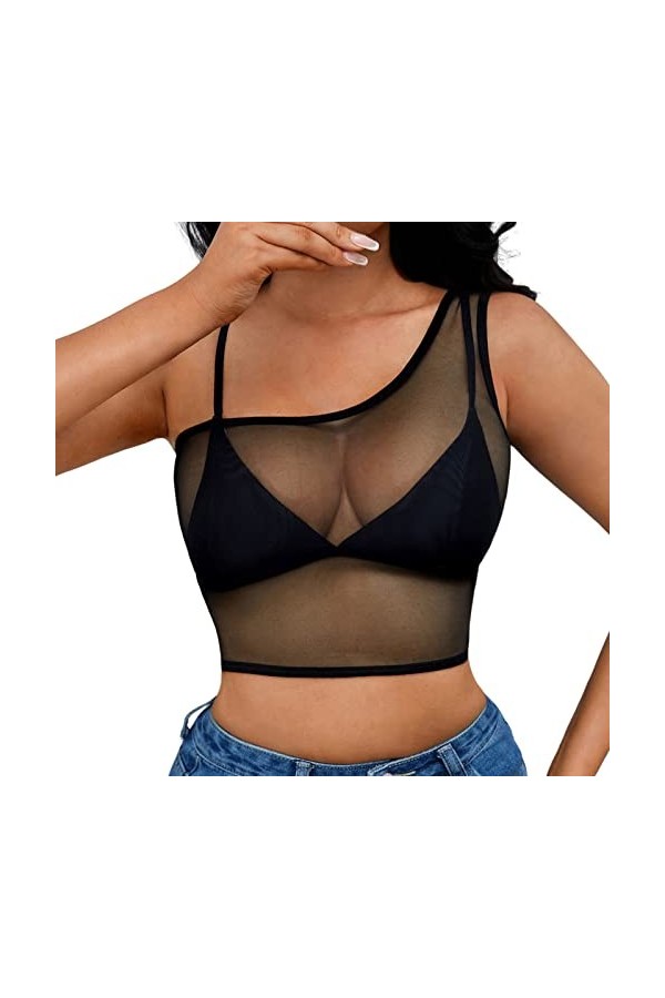 Lingerie Sexy Femme Hauts décontractés sans manches pour femmes voir à travers la chemise transparente pour femmes en maille 