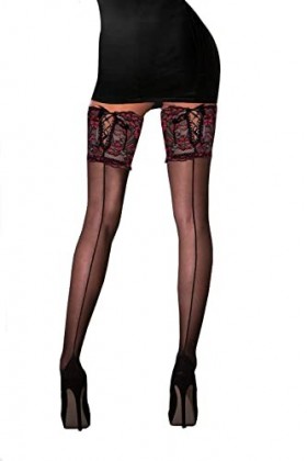 Bas Voile Noir Couture Dentelle Motif Floral Rouge Lacet AutoFixant - Taille unique T1 à T3 