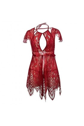 ZDJSWJ Femmes Kimono Robe Dentelle sous-vêtements Tulle Mesh Pyjama poupée sous-vêtements V-Neck Transparent Pyjama Rouge,S 