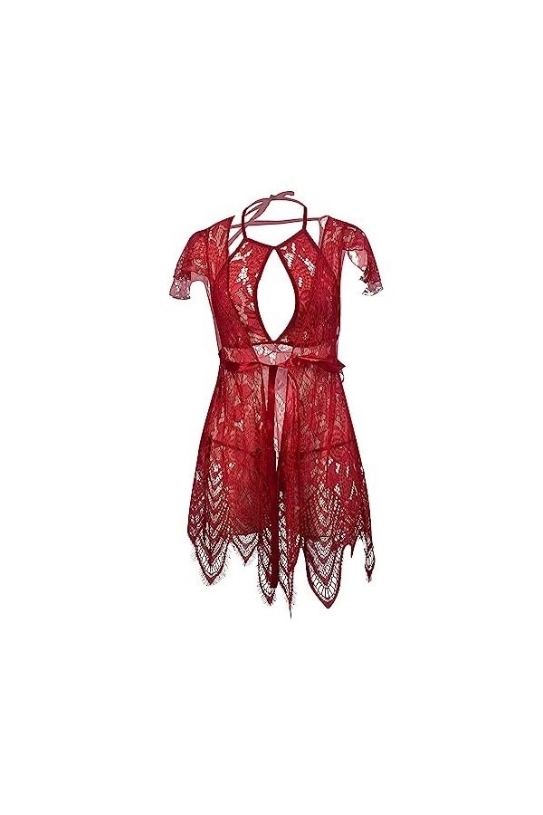 ZDJSWJ Femmes Kimono Robe Dentelle sous-vêtements Tulle Mesh Pyjama poupée sous-vêtements V-Neck Transparent Pyjama Rouge,S 