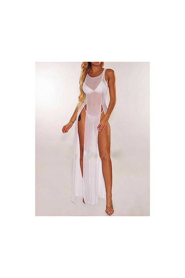 ZDJSWJ Pyjama en Tulle Maillé pour Femme sous - vêtements en Dentelle High Fork Long Shirt Chemise de Nuit Chem col V Blanc,