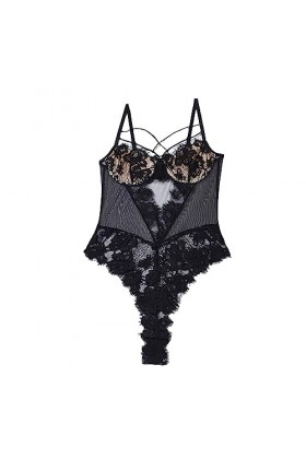 ZDJSWJ Femmes Dentelle Tout en Un sous vêtements V-Neck escamotable poupée sous vêtements Garter Teddy Chemistry Body Noir,S