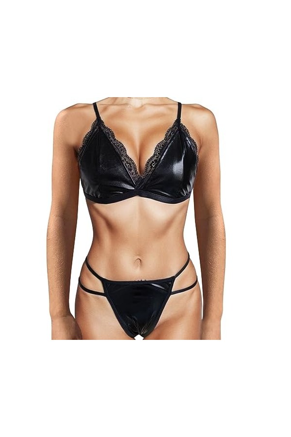 Lingerie Erothique Sexy Hot Dentelle Femmes cuir Sexy Lingerie body licou maille Patchwork sans manches dos Catsuit combinais