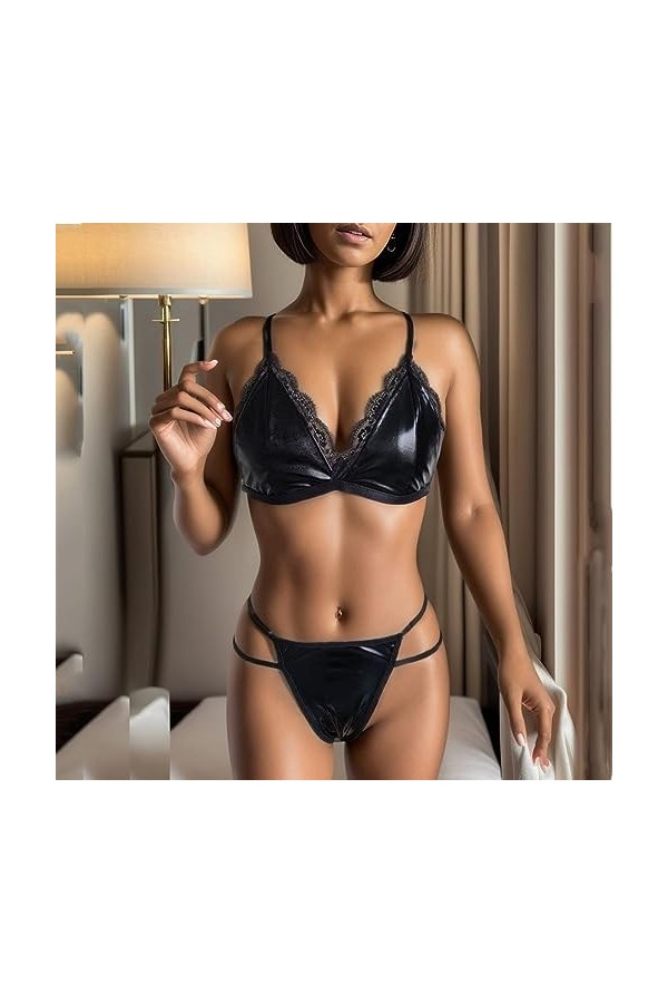 Lingerie Erothique Sexy Hot Dentelle Femmes cuir Sexy Lingerie body licou maille Patchwork sans manches dos Catsuit combinais