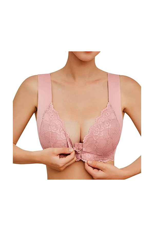 CreoQIJI Top Soutien-gorge en dentelle sans anneau en acier pour femme avec fermeture frontale et dos en T, Rose, 5X-Large