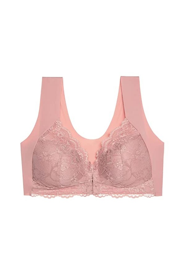 CreoQIJI Top Soutien-gorge en dentelle sans anneau en acier pour femme avec fermeture frontale et dos en T, Rose, 5X-Large