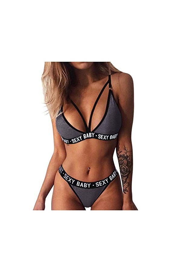 BIISDOST Combinaison sexy pour femme avec soutien-gorge et culotte - Lingerie sexy - Taille 40, gris, XXXL