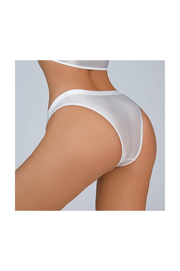 BIISDOST Slip Taille Basse Soyeux et Brillant pour Femmes sous-vêtements Sexy Transparents Dentelle White, XL 