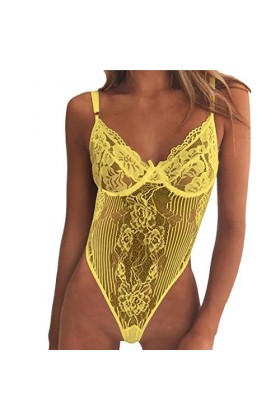 IKFIVQD Lingerie sexy en dentelle pour femme - Lingerie sexy en dentelle - Sous-vêtements de nuit - Combinaison, b-jaune, XXL